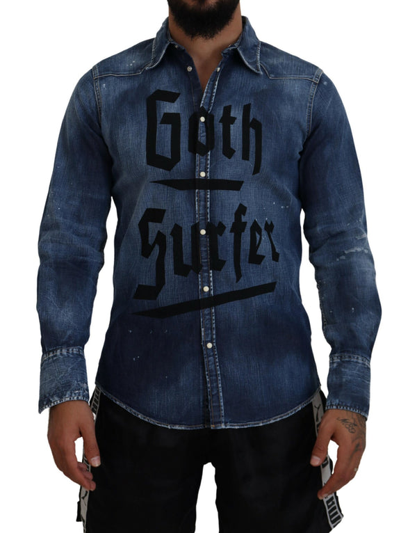 Camicia di denim con stampa surfista goth lavate blu