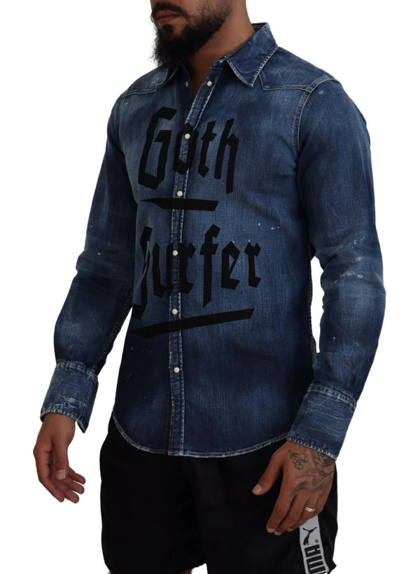 Chemise en jean à imprimé de surfeur goth lavé bleu