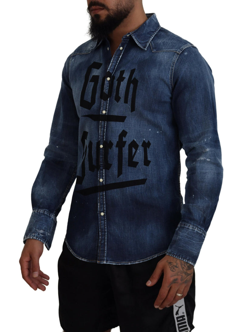 Blue gewaschen Goth Surfer Print Men Denim Shirt