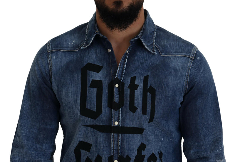 Blue gewaschen Goth Surfer Print Men Denim Shirt