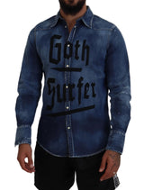 Chemise en jean à imprimé de surfeur goth lavé bleu