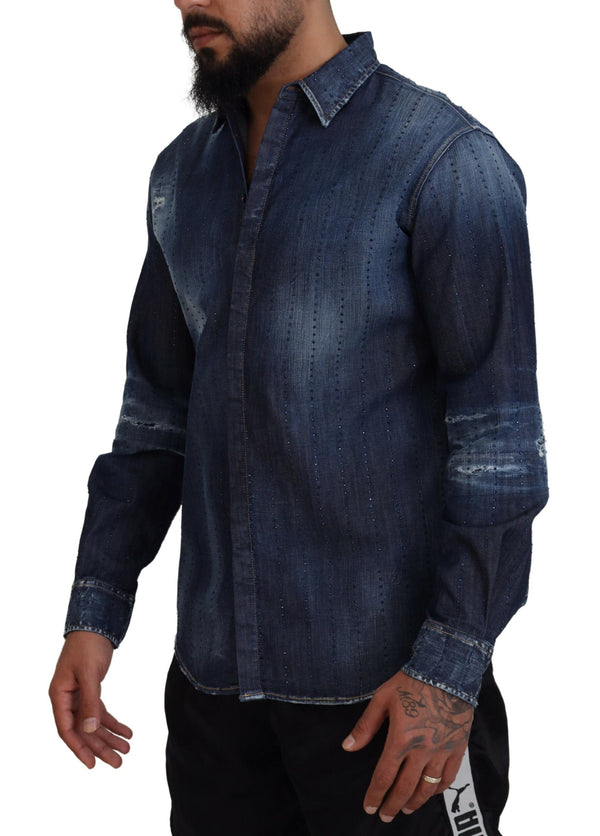 Chemise en jean embelli en lambeaux en lambeaux bleus