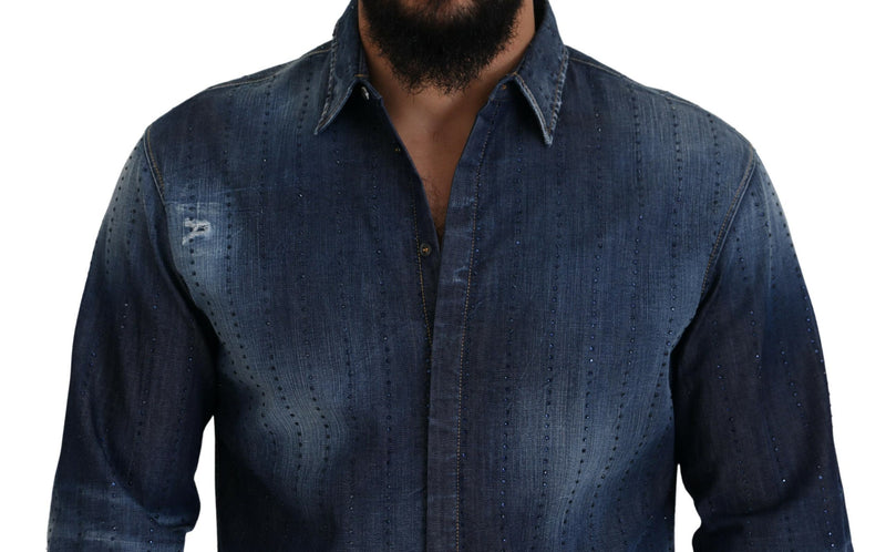 Camicia in denim abbellita a cristallo blu blu