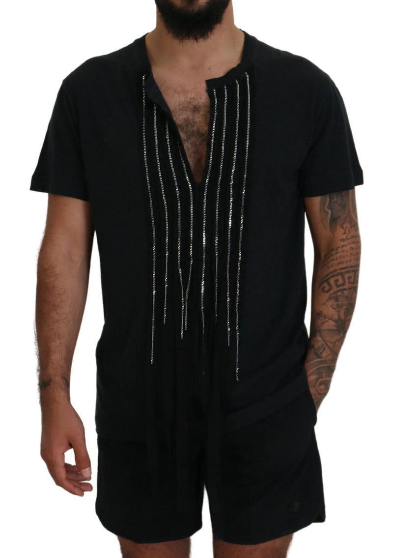 Black Chain Embellished Cotton Short Sleeve T-shirt