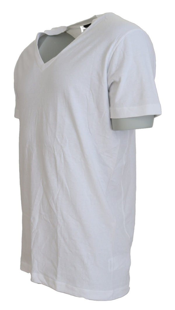 T-shirt a v-shirt a maniche corte in lino bianco di cotone