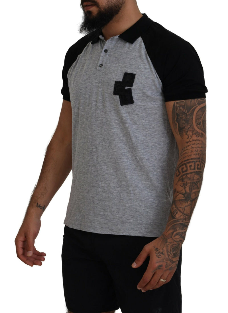 Camiseta con collar de mangas cortas de algodón negro gris