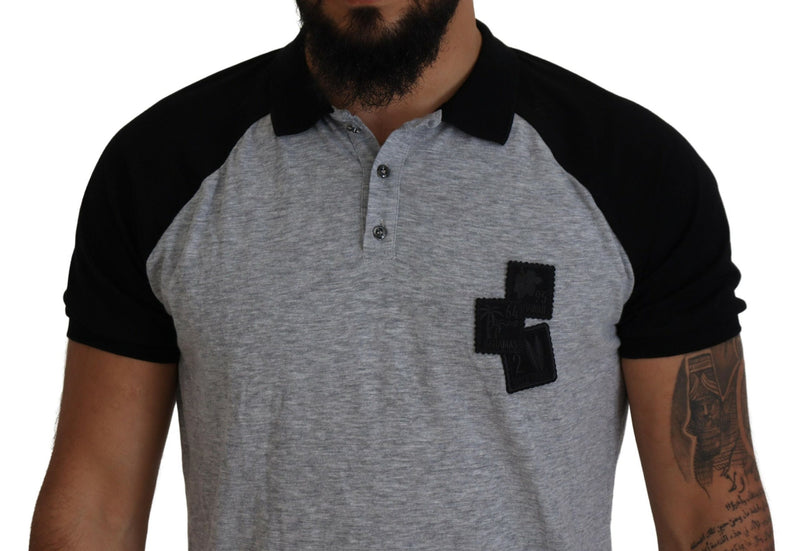 Camiseta con collar de mangas cortas de algodón negro gris