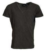 Γκρι βαμβακερά λινά μικρά μανίκια V-neck T-shirt