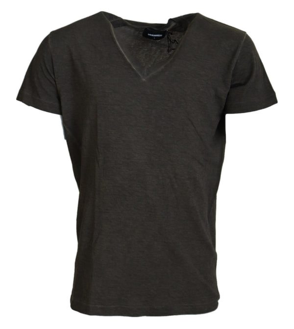 T-shirt a v-shirt a maniche corte in lino in cotone grigio