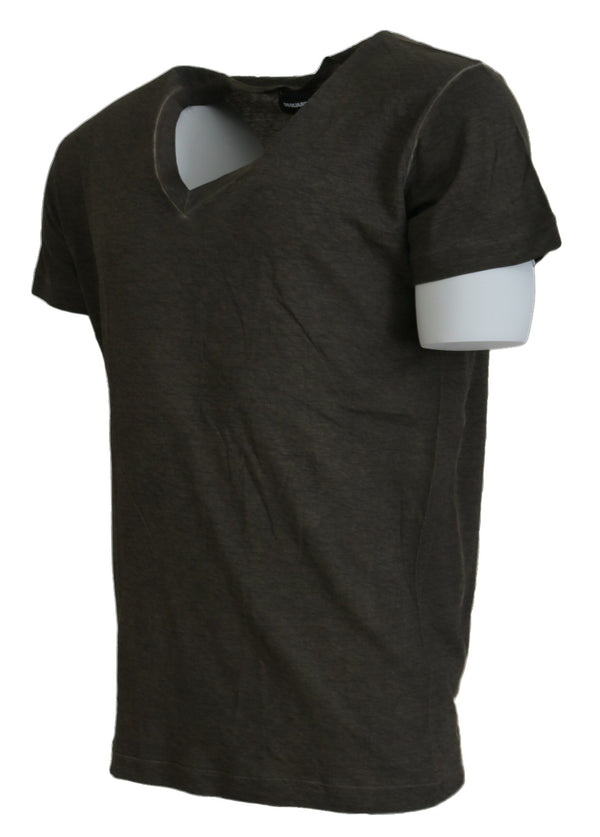 T-shirt a v-shirt a maniche corte in lino in cotone grigio