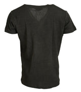 Γκρι βαμβακερά λινά μικρά μανίκια V-neck T-shirt