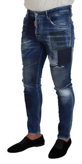 Bleu Patchwork Skinny Mens Jeans denim