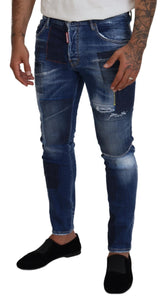 Bleu Patchwork Skinny Mens Jeans denim