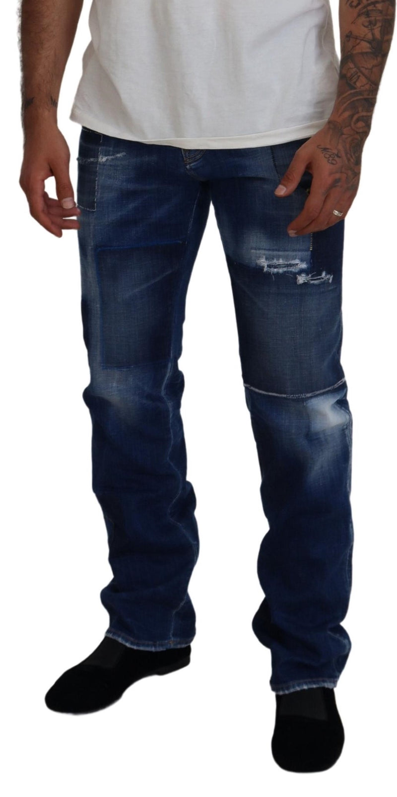 Blau gewaschene Patchwork gerade fit Denim Jeans