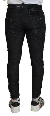 Black Lavated Cotton Skinny Chave Casual Men Denim Jeans