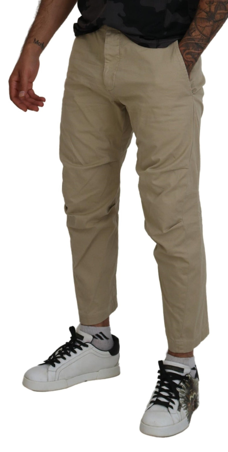 Pantaloni casuali con gamba stampata in cotone beige