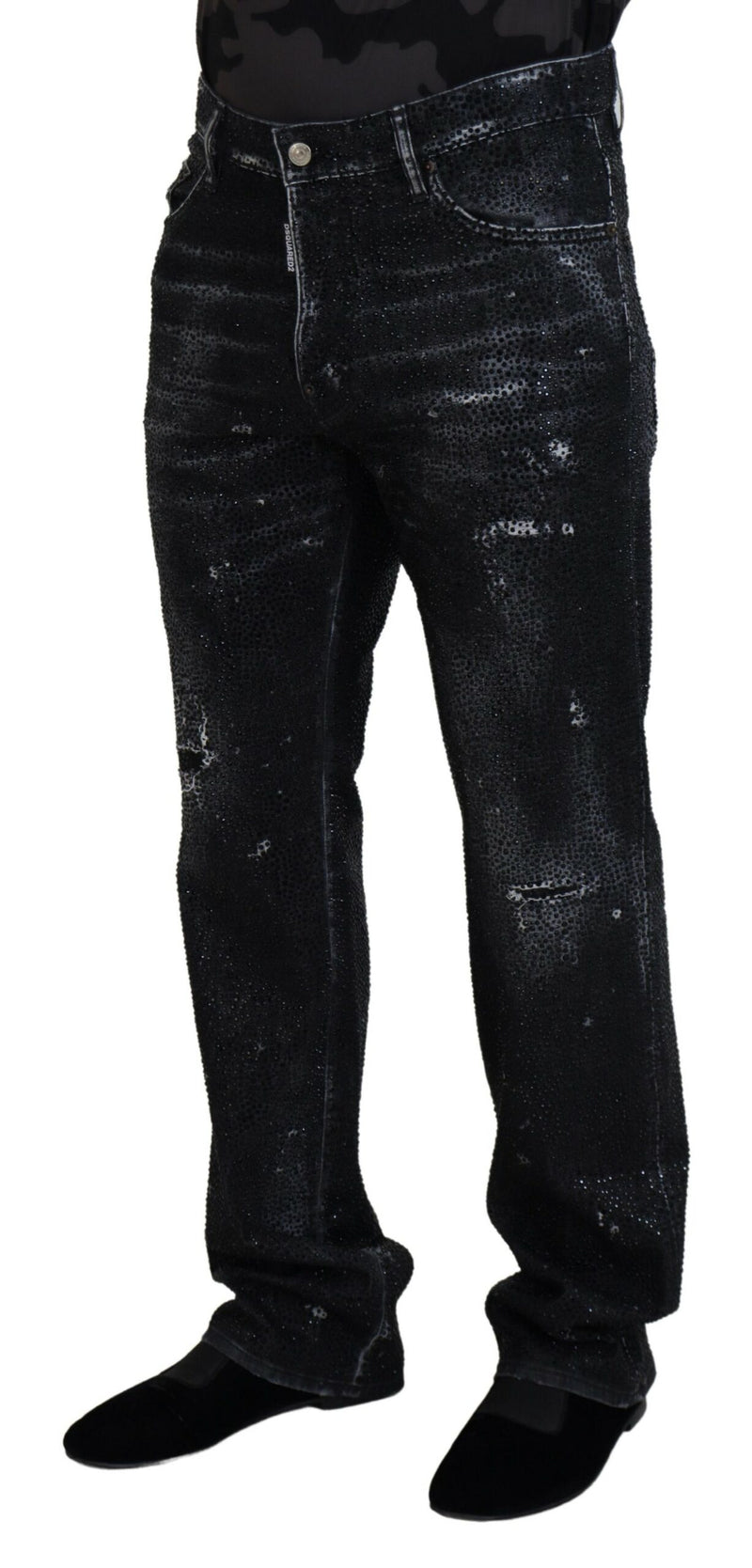 Schwarze Kristall verziert zerlumpte Jeans -Jeans