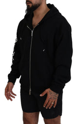 Black Hooded Full Zip Printed Sleeves Sweater