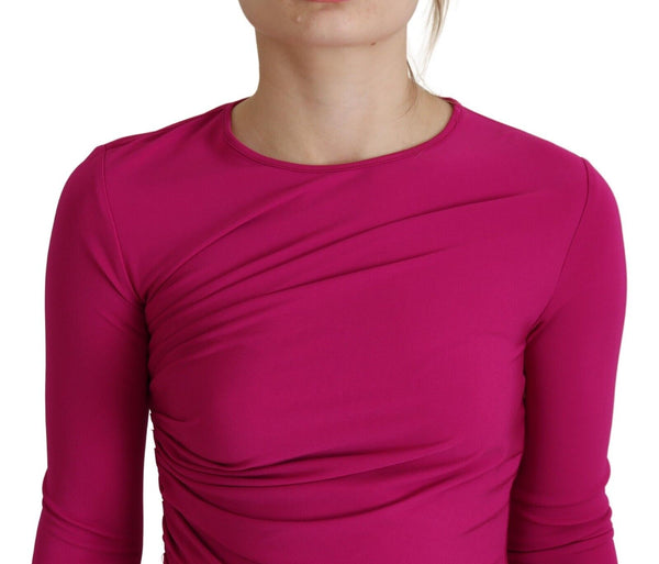 Fuchsia Viscose Langarmes Riched Mini Kleid