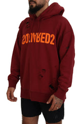 Maroon Cotton Tattered Hooded Printed Pullover πουλόβερ