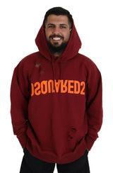 Maroon Cotton Tattered Hooded Printed Pullover πουλόβερ