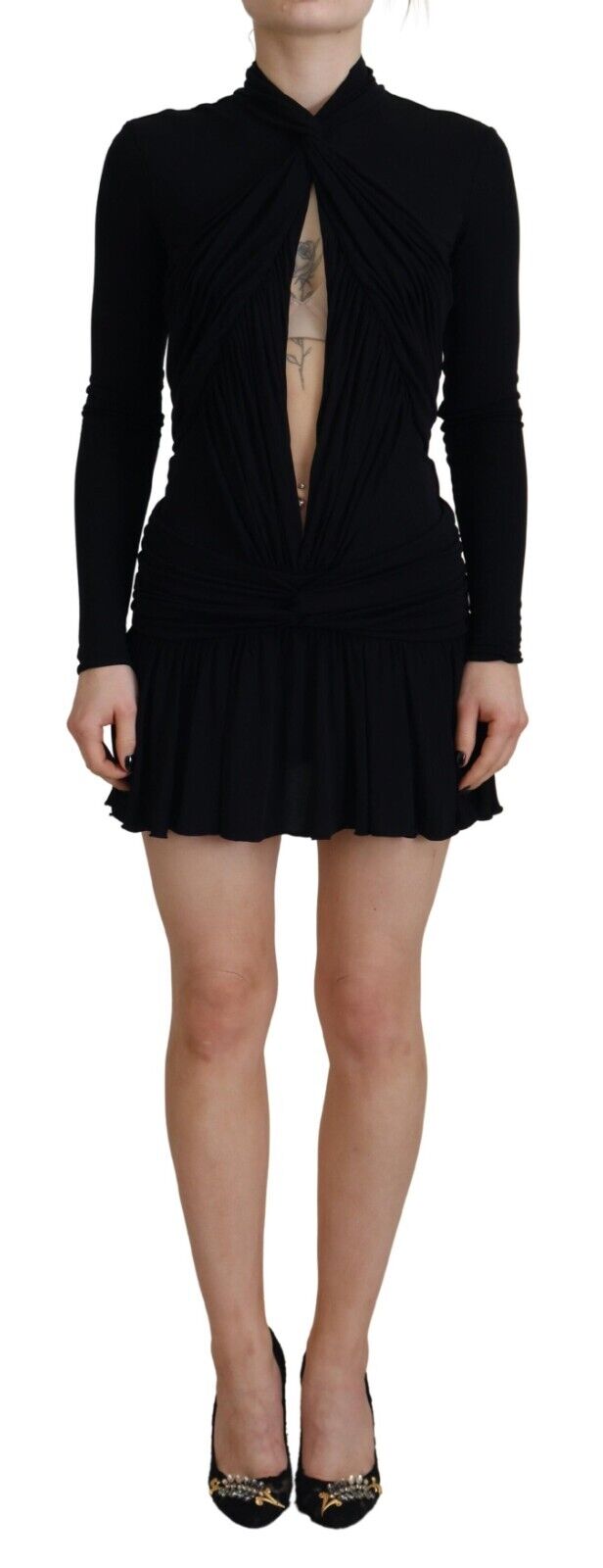 Black Viscose Long Sleeves Cut Out Mini Dress