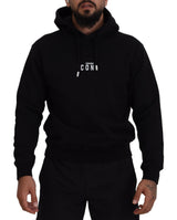 Black Cotton Hooded Printed Men Pullover Sweater