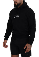 Black Cotton Hooded Printed Men Pullover Sweater