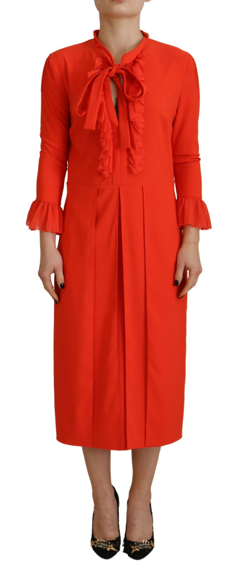 Rotes Polyester Langarmes plissierte Midi -Kleidung