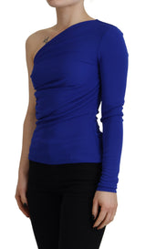 Blue Viscose One Schulter Slim Fit Bluse Top