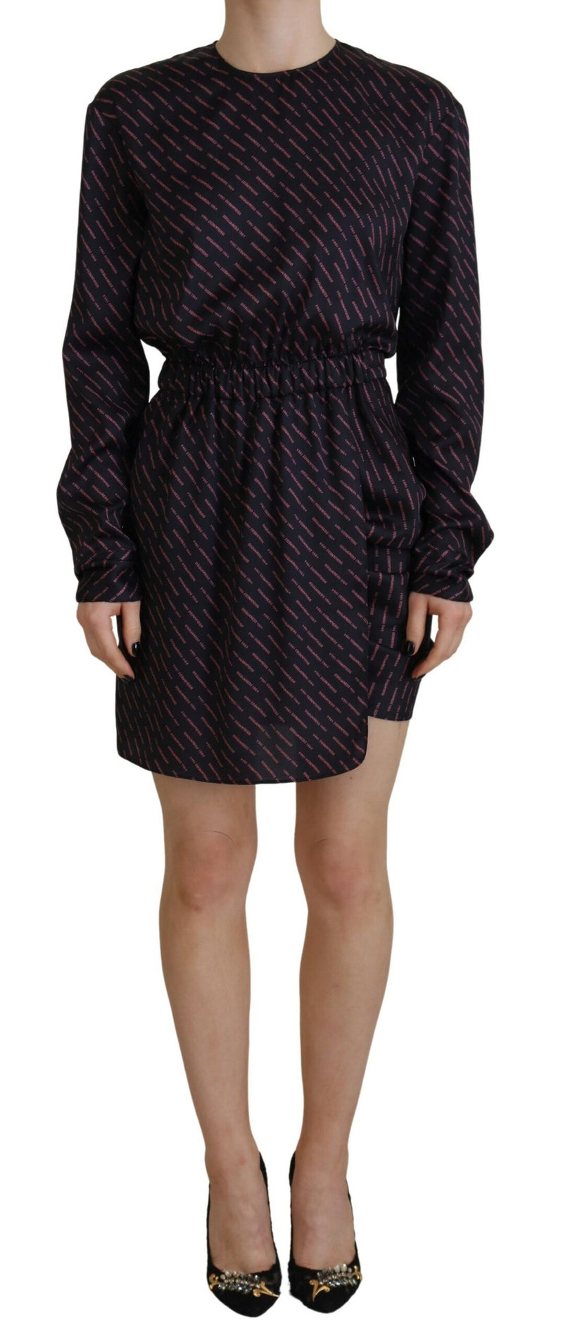 Black Logo Print Long Manches A-Line Mini Robe