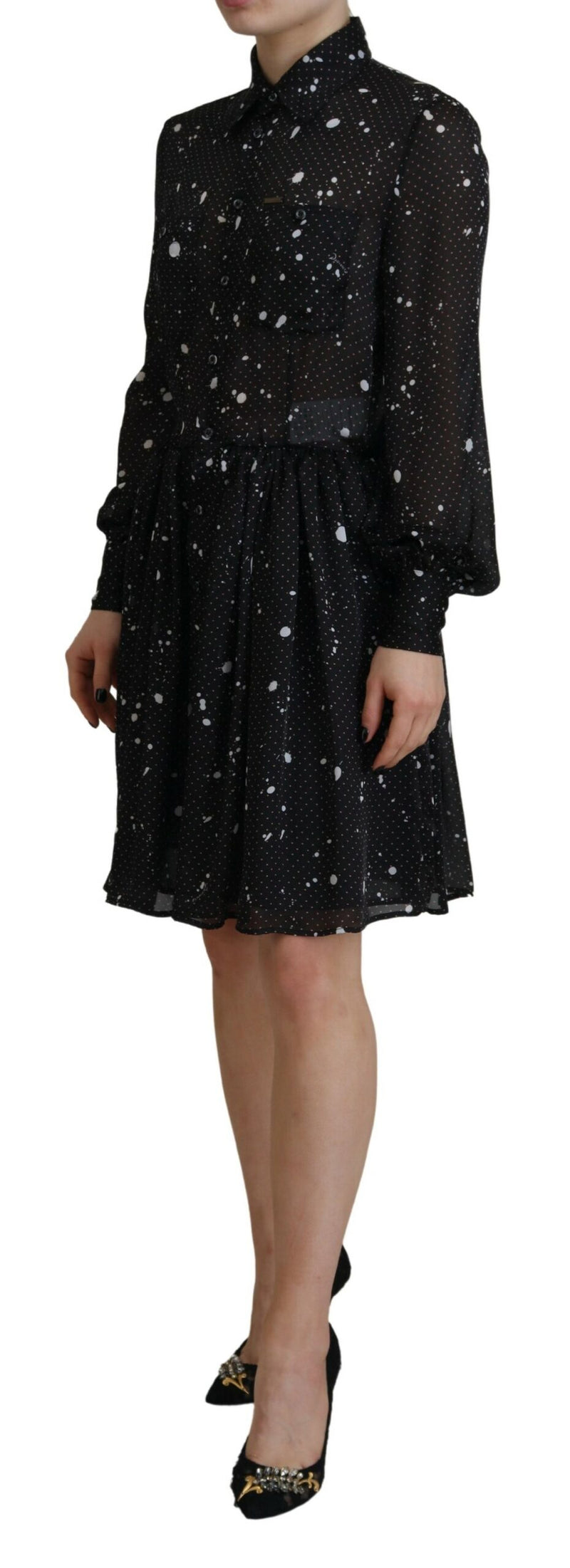 Black Polka Dot Langarmes Button Down Kleid