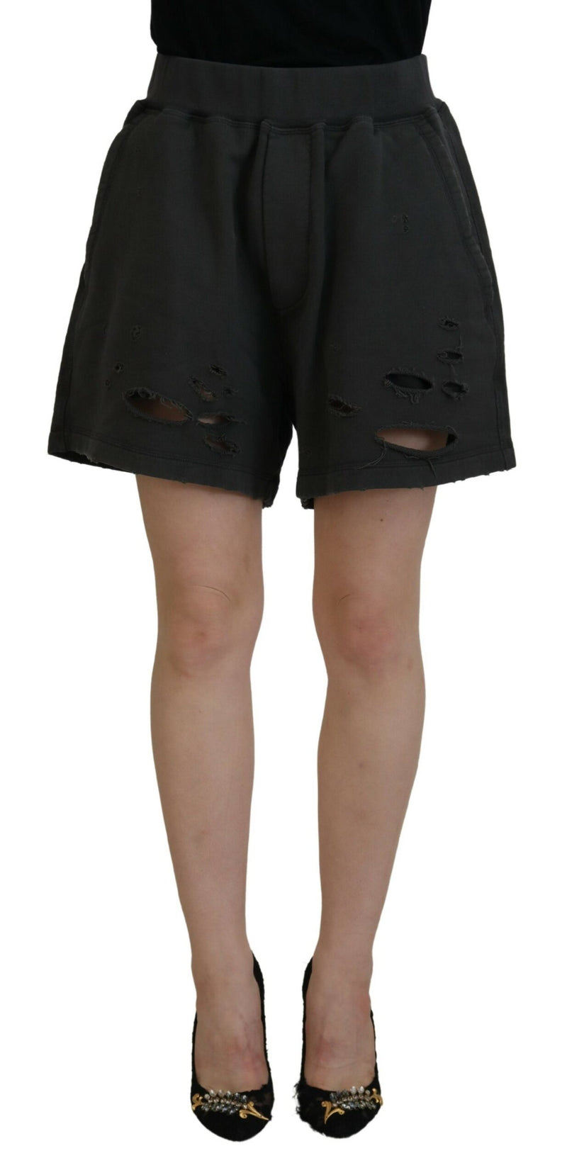 Schwarze Baumwollmitte Taille Tattered Tapesed Shorts