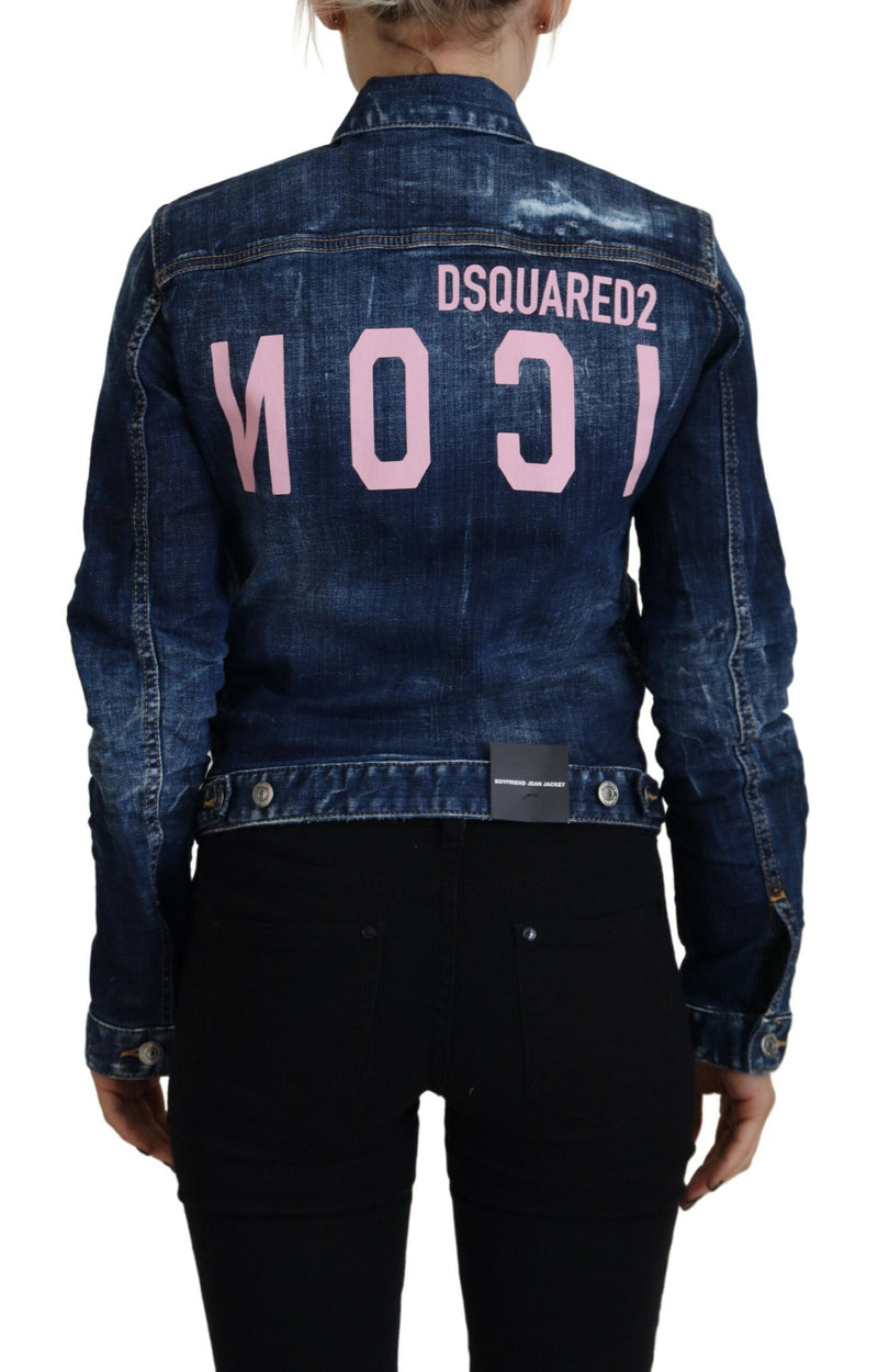 Blue Icon bedruckte Distressed Denim Jacke