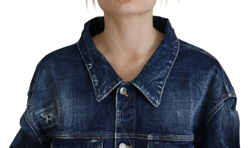 Blue Distressed Castared Denim Jacke