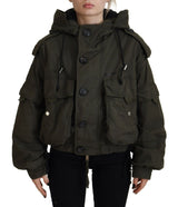 Green Cotton Hooded Cargo Button Jacket