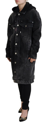 Black Washed Hooded Women Long Denim Blazer Jacket