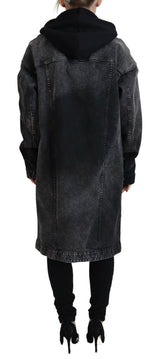 Black Washed Hooded Women Long Denim Blazer Jacket