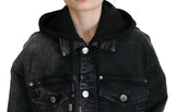 Black Washed Hooded Women Long Denim Blazer Jacket