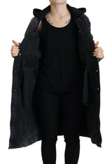 Black Washed Hooded Women Long Denim Blazer Jacket