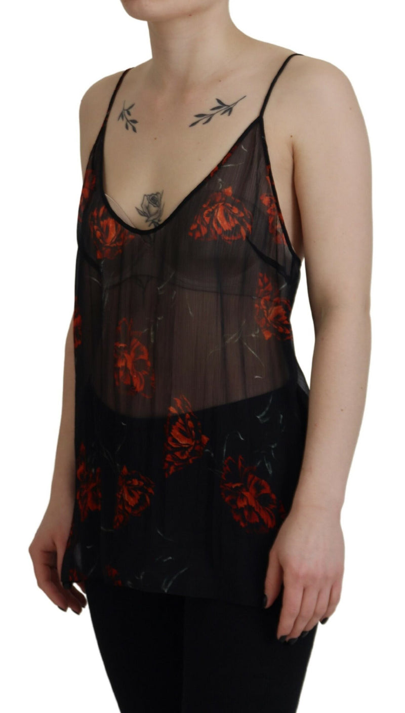 Black Floral estampado Spaghetti Strap Tank Blouse Top