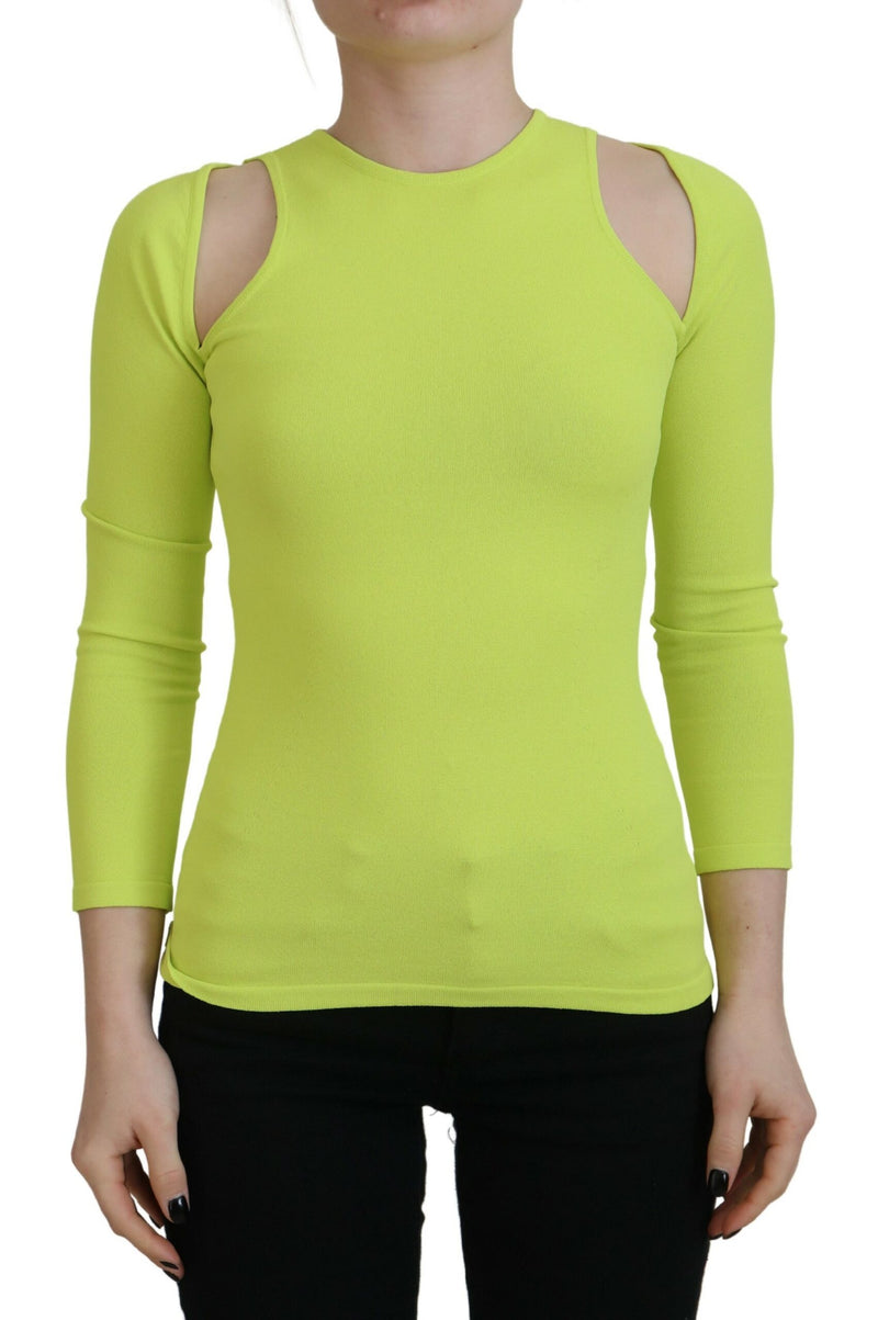 Yellow Green Viscose Open Shoulder Long Sleeves Top