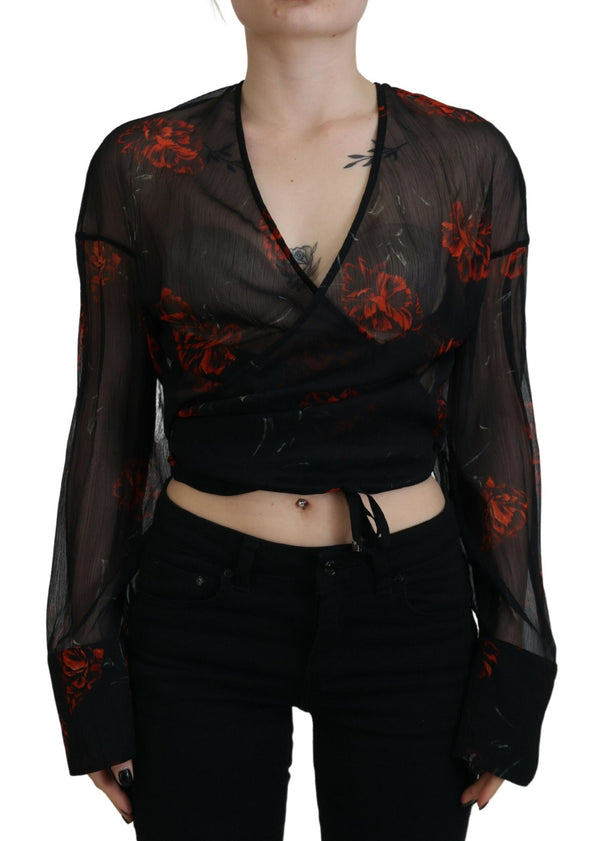 Top de mangas largas envolventes con estampado floral negro