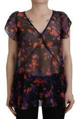 Top blusa de cuello en V de manga corta con estampado floral negro