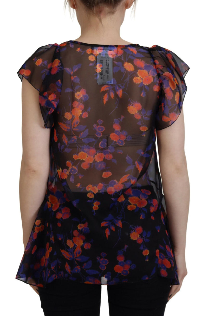 Top blusa de cuello en V de manga corta con estampado floral negro