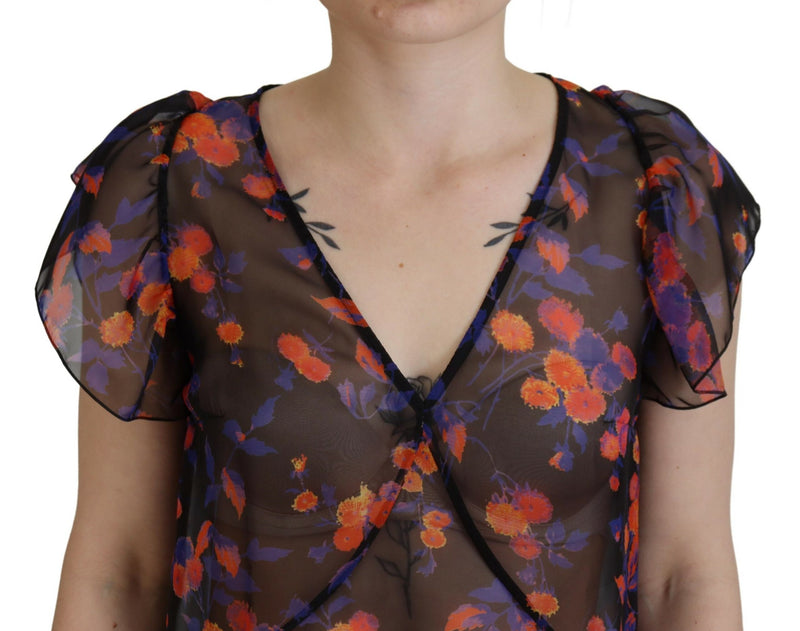 Top blusa de cuello en V de manga corta con estampado floral negro