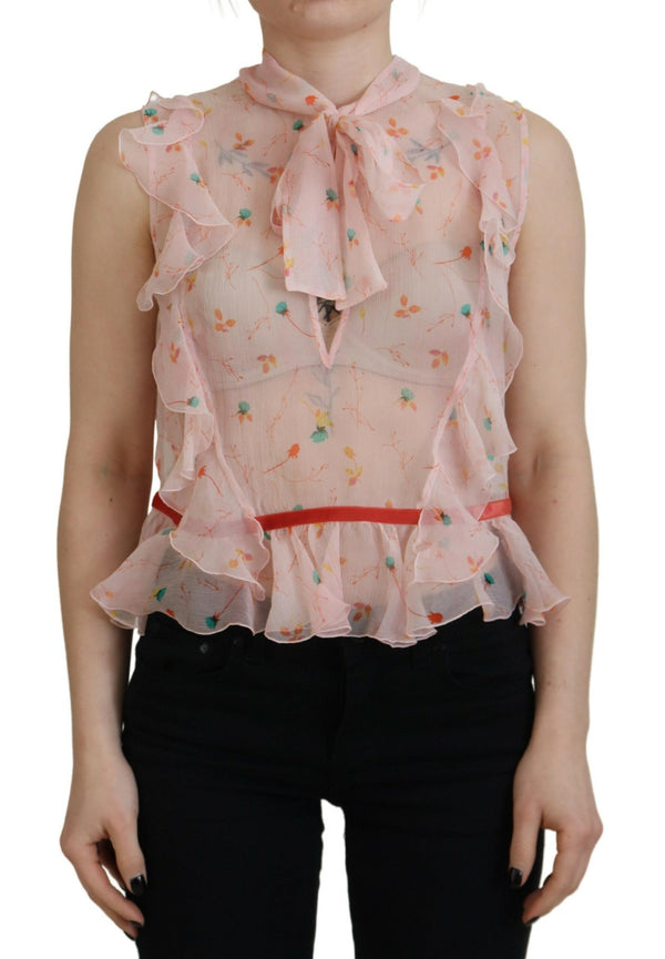 Pink Floral Print Silk Sans manche