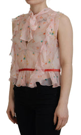 Top de cuello ascot sin mangas de seda de estampado floral rosa