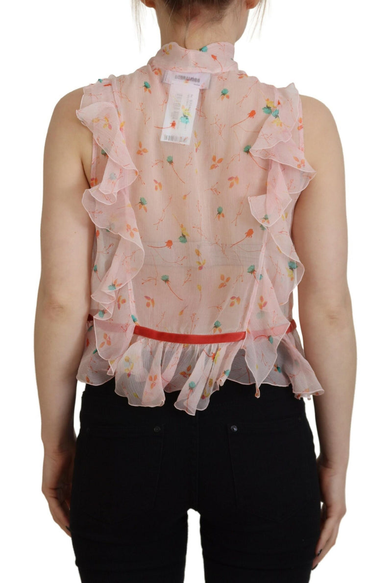 Pink Floral Print Silk Sans manche