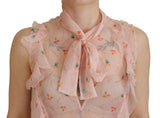 Top de cuello ascot sin mangas de seda de estampado floral rosa